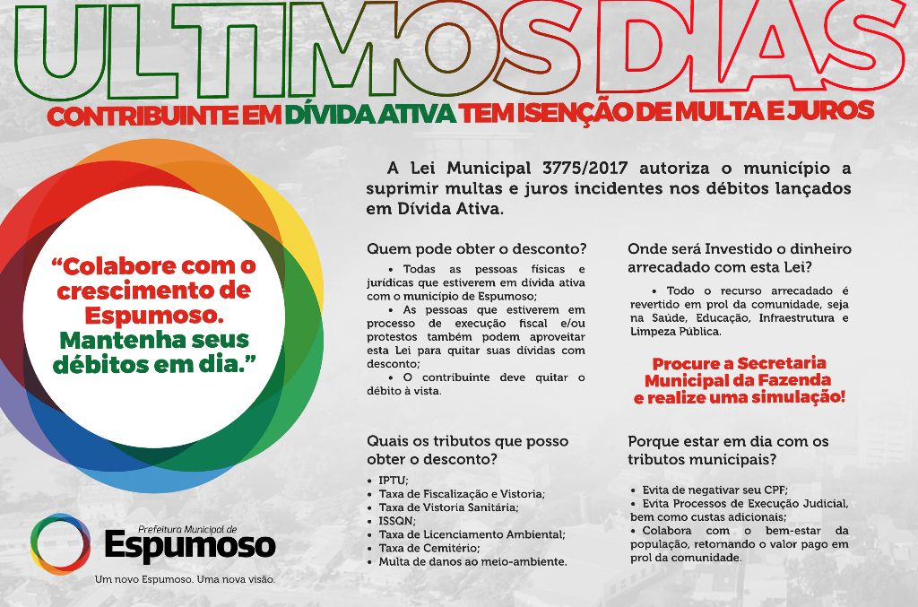 ÚLTIMOS DIAS PARA APROVEITAR O DESCONTO PARA CONTRIBUINTES COM DÍVIDA ATIVA.