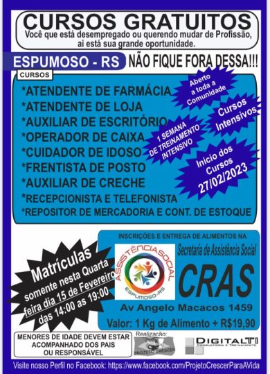 ASSISTÊNCIA SOCIAL: Vagas abertas para cursos de qualificação