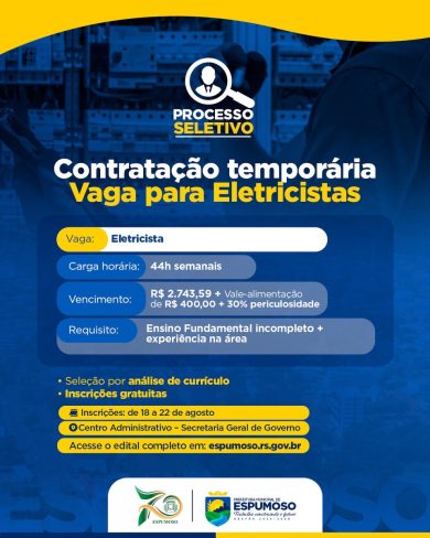Prefeitura de Espumoso oferece vaga para eletricista
