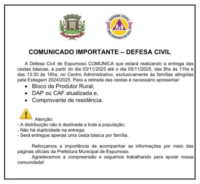 Defesa Civil vai promover entrega de cestas básicas